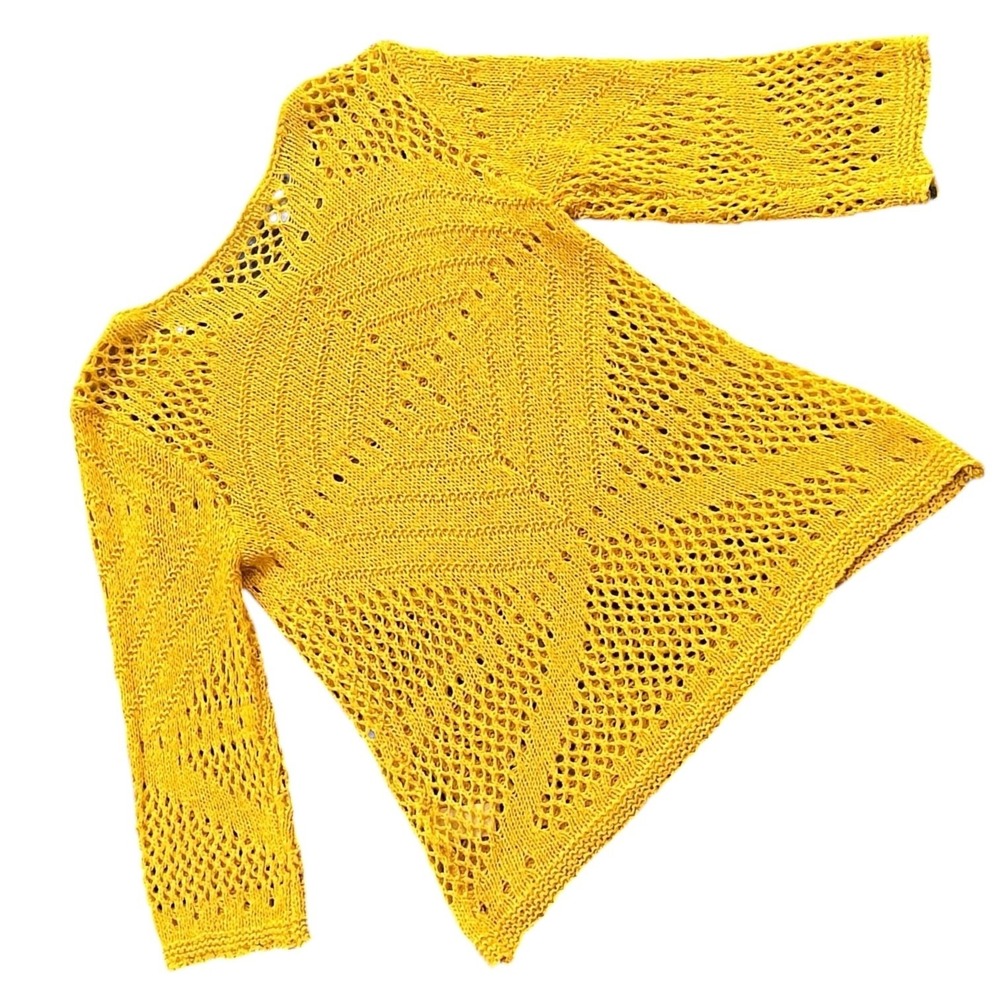 Soft Surroundings Open Knit Yellow Sweater Boho Crochet 3/4 Sleeve XS Coastal - Picture 7 of 8